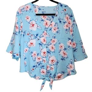Women Flowy Floral Print Blouse Tie Front